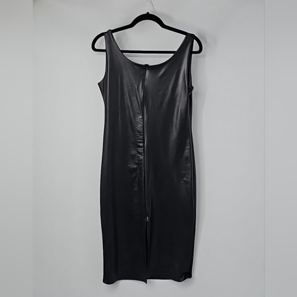 Black Leather-look Fitted Bodycon Grunge Dress Back Slit Stretchy Sexy Vamp Sz:L - Picture 6 of 9